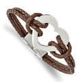 Chisel Stainless Steel Polished Heart Brown Braided Leather 7.5 inch Bracelet, 7.5 x 7 mm