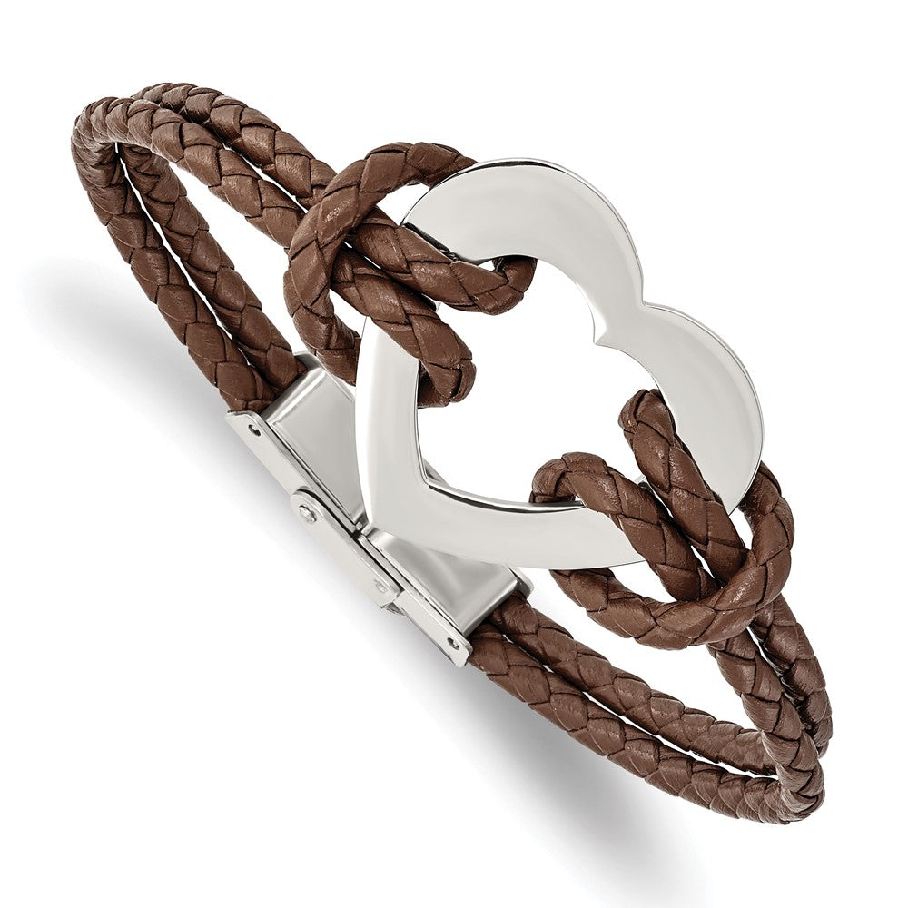 Chisel Stainless Steel Polished Heart Brown Braided Leather 7.5 inch Bracelet, 7.5 x 7 mm