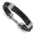 Chisel Stainless Steel Polished Braided 2 Strand Black Braided Leather 9 inch Bracelet, 9 x 10 mm