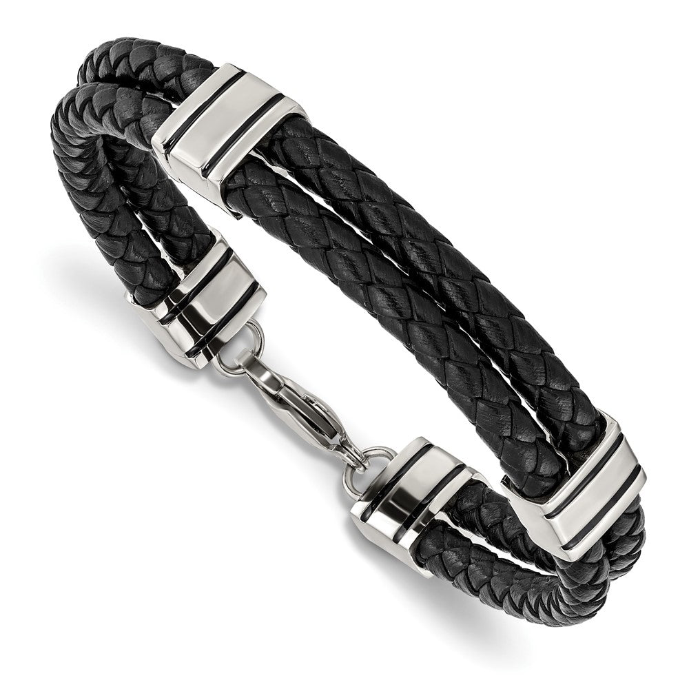 Chisel Stainless Steel Polished Braided 2 Strand Black Braided Leather 9 inch Bracelet, 9 x 10 mm