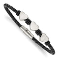 Chisel Stainless Steel Polished Hearts Black Braided Leather and Rubber 7.5 inch Bracelet, 7.5 x 3 mm