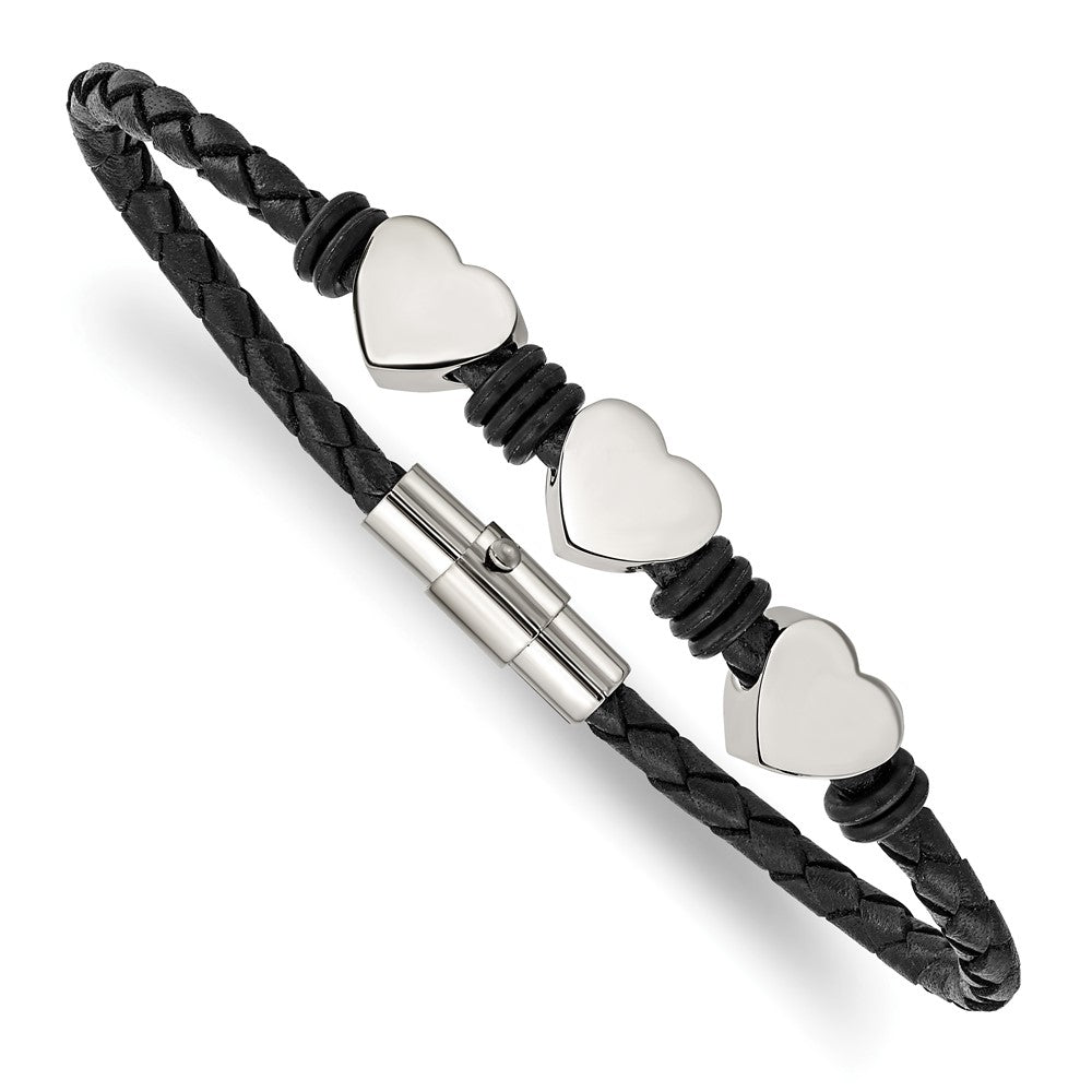 Chisel Stainless Steel Polished Hearts Black Braided Leather and Rubber 7.5 inch Bracelet, 7.5 x 3 mm