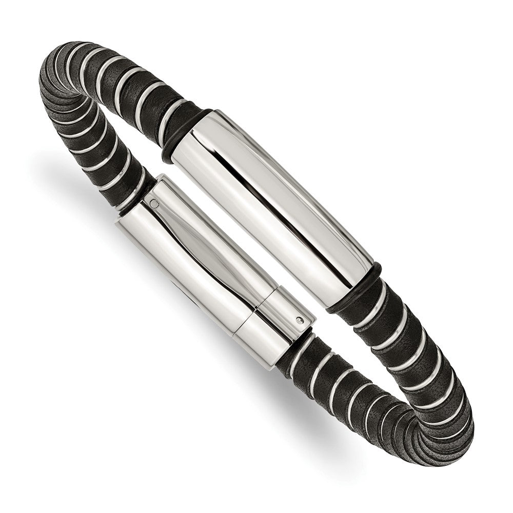 Stainless Steel Polished Black Leather 8.75in Bracelet, 8.75 x 10 mm