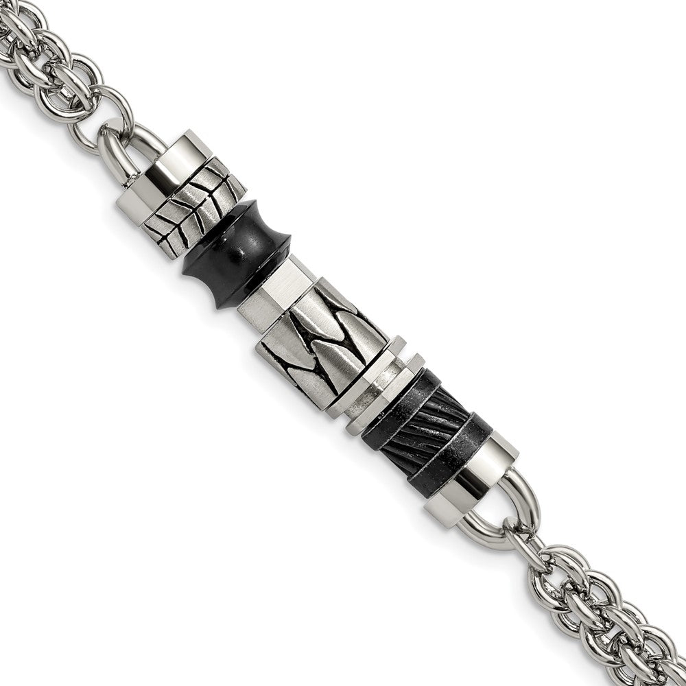Stainless Steel Antiqued Brushed & Polished with Beads 8.25in Bracelet, 8.25 x 10 mm