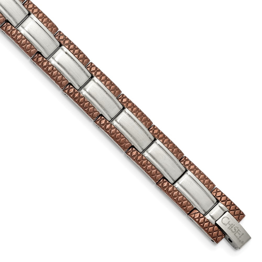 Chisel Stainless Steel Brushed with Textured Brown IP-plated Edges 8.75 inch Link Bracelet, 8.75 x 11 mm