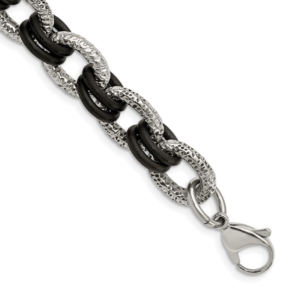 Stainless Steel 9in Polished and Textured with Black Rubber Bracelet, 9 x 12 mm