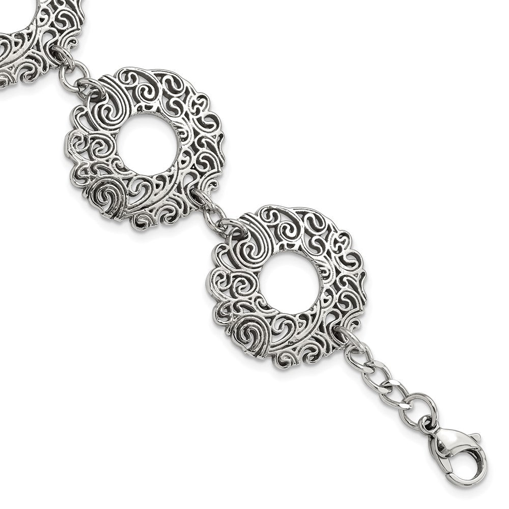 Stainless Steel Polished Fancy Filigree Circles w/1.5in ext Bracelet, 8.5 x 25.1 mm