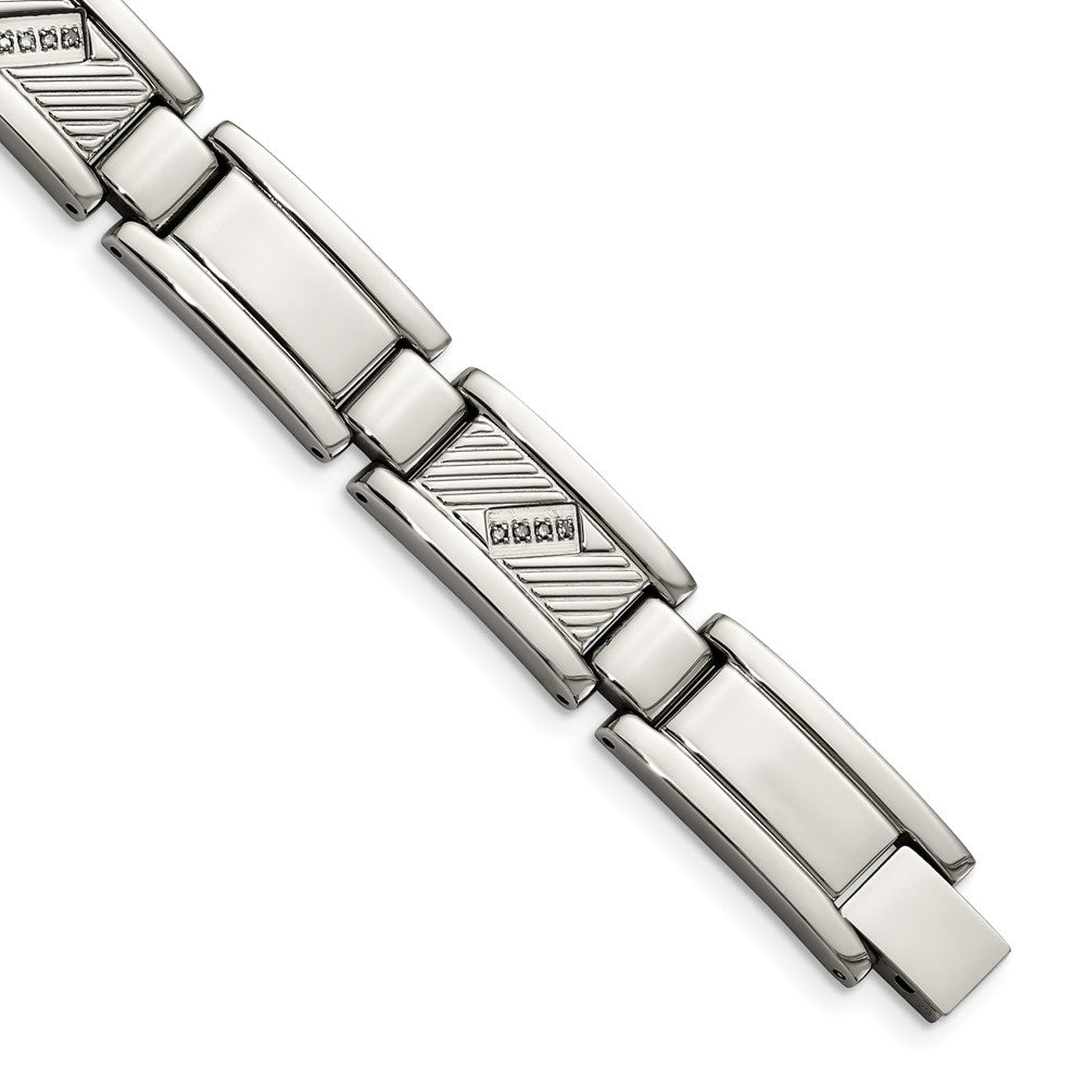 Chisel Stainless Steel Polished and Textured with 1/10 carat Diamond 8.5 inch Bracelet, 0.1 ct, 8.5 x 12 mm