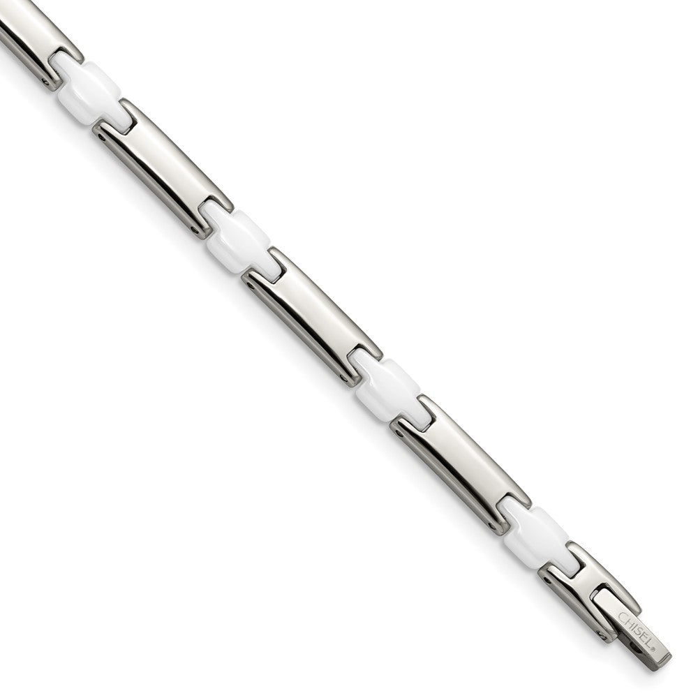 Chisel Stainless Steel Polished with White Ceramic 7.5 inch Link Bracelet, 7.5 x 5 mm