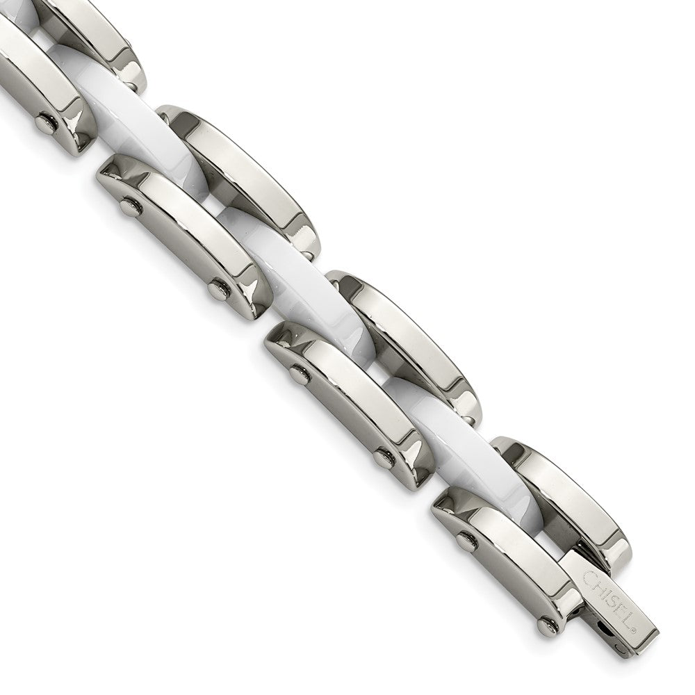 Chisel Stainless Steel Polished with White Ceramic 7.5 inch Link Bracelet, 7.5 x 10 mm