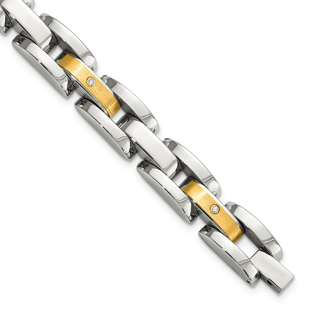 Chisel Stainless Steel with 14k Gold Accent with 1/10 carat Diamond Brushed and Polished 8.25 inch Bracelet, 0.1 ct, 8.5 x 12 mm