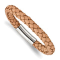 Chisel Stainless Steel Polished Light Tan Braided Leather 8.5 inch Bracelet, 8.5 x 8 mm