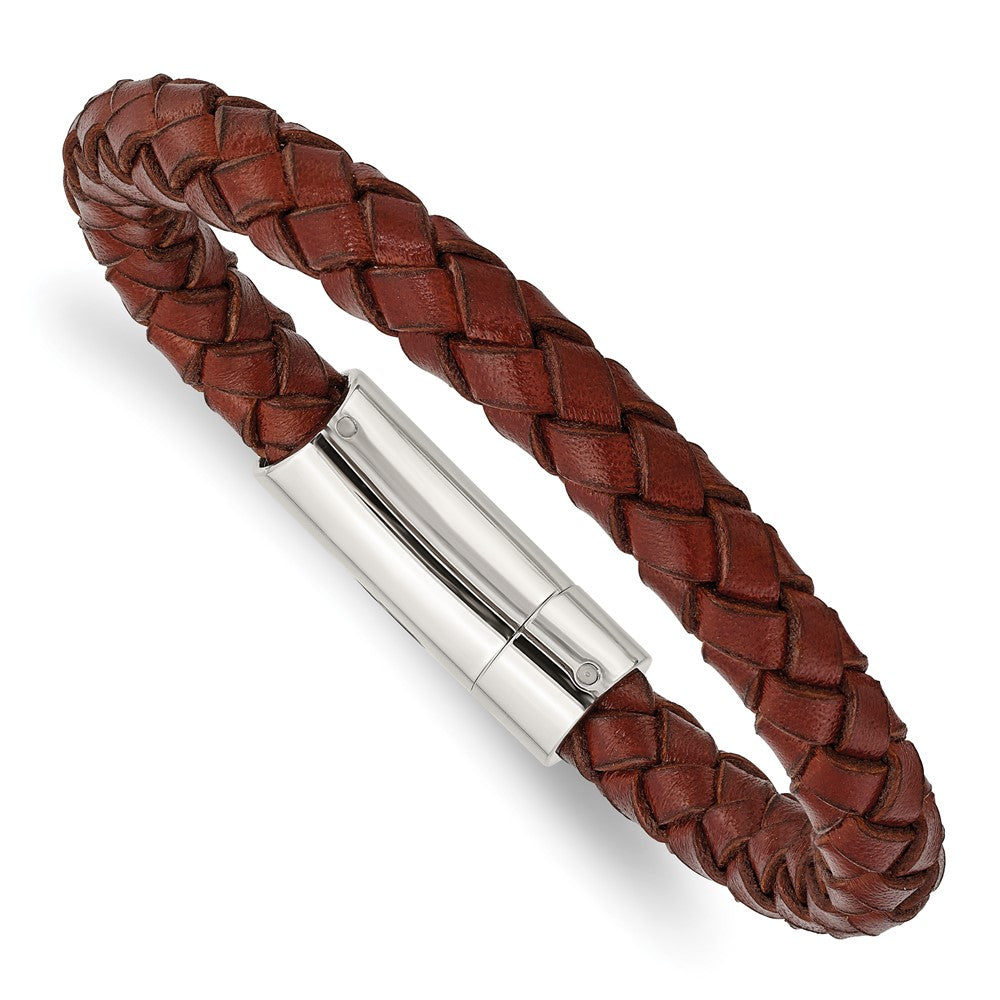 Chisel Stainless Steel Polished Brown Braided Leather 8.5 inch Bracelet, 8.5 x 8 mm