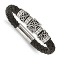 Chisel Stainless Steel Antiqued and Polished Black Braided Leather 8.5 inch Bracelet, 8.5 x 14 mm