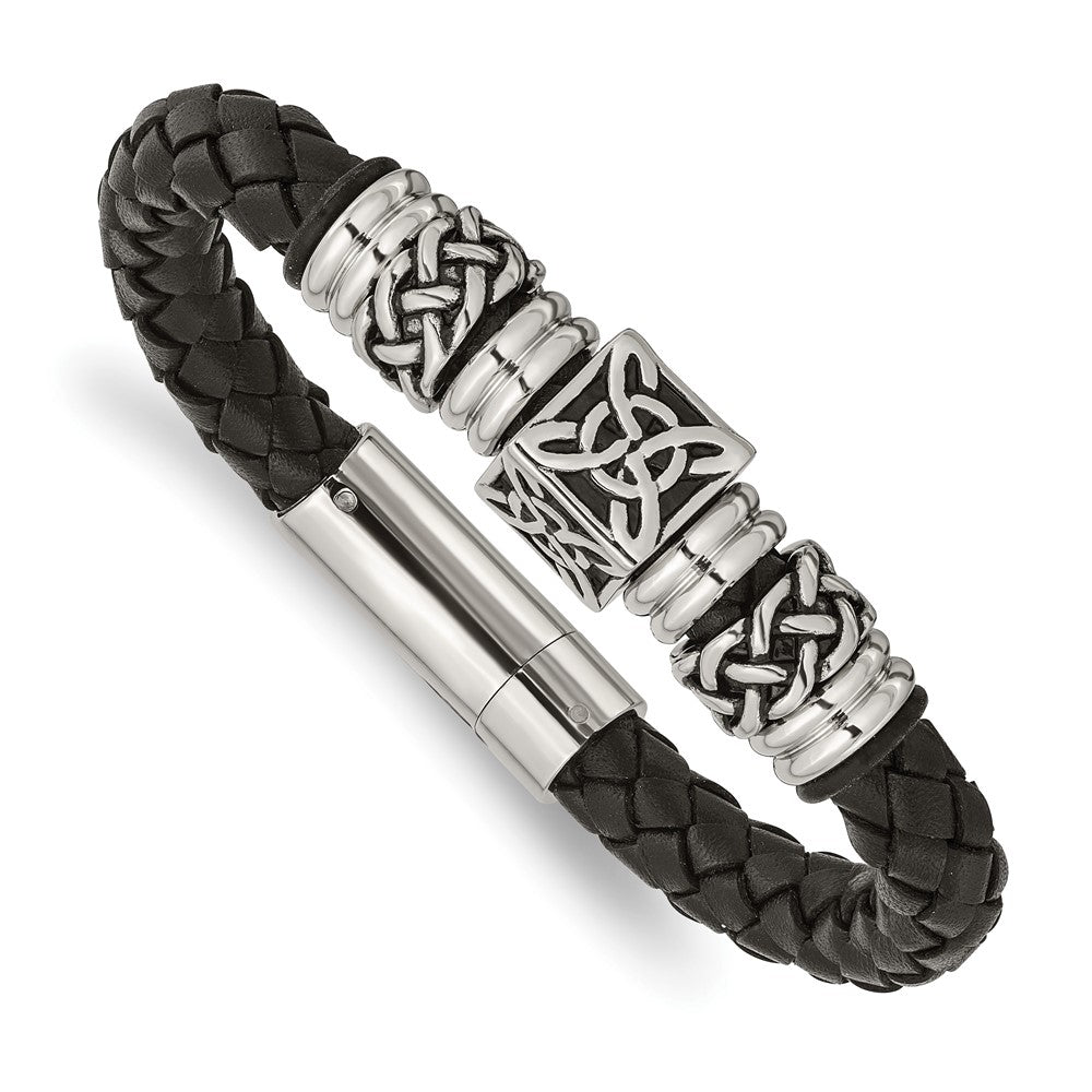 Chisel Stainless Steel Antiqued and Polished Black Braided Leather 8.5 inch Bracelet, 8.5 x 14 mm