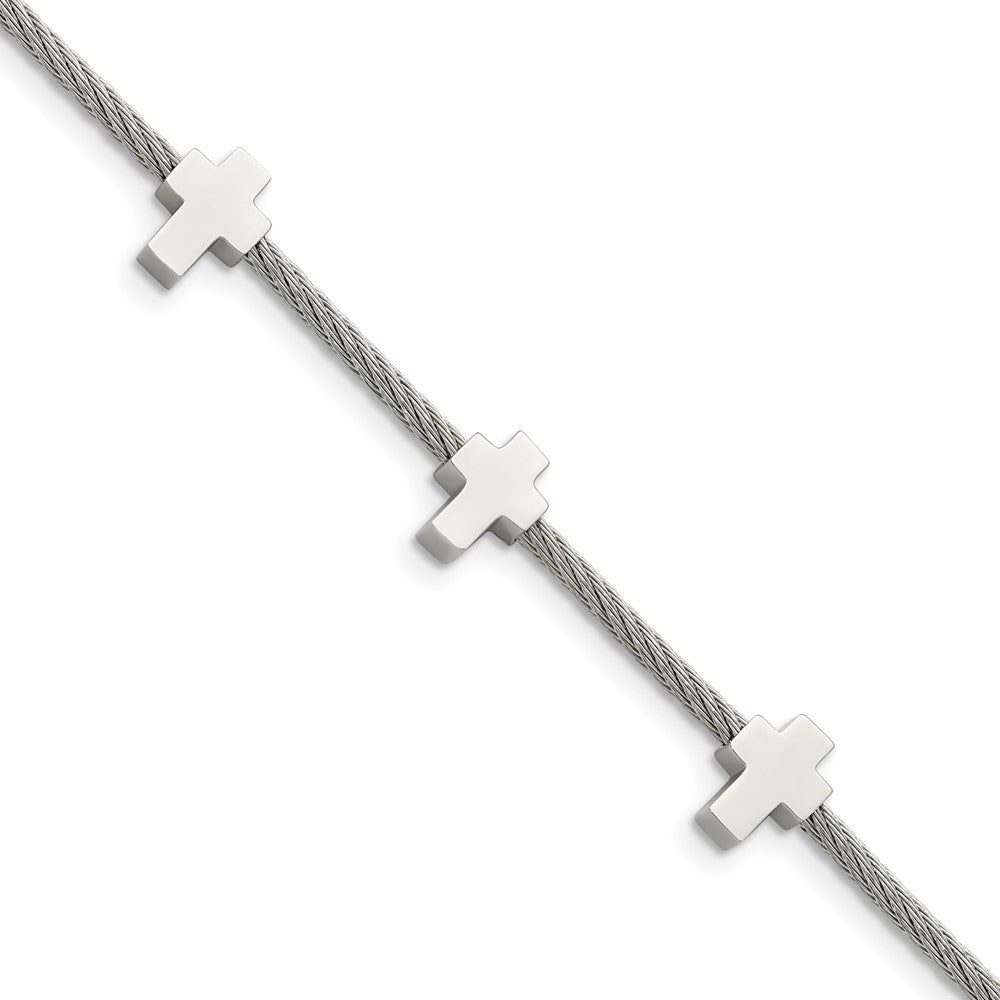 Chisel Stainless Steel Polished Crosses on Twisted Wire 7.5 inch Bracelet with .75 inch Extension, 7.5 x 10 mm