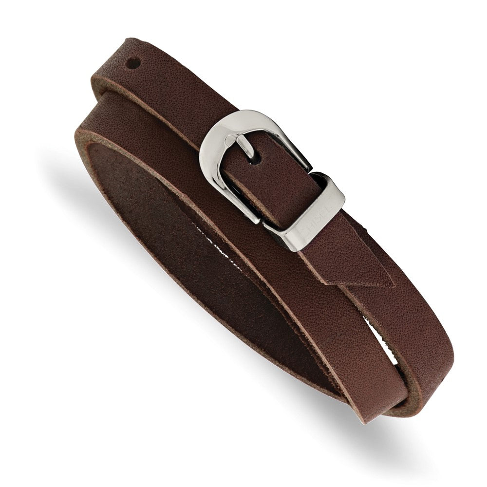 Chisel Stainless Steel Polished Brown Leather 8.5 inch Adjustable Wrap Bracelet, 8.5 x 20 mm