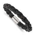 Chisel Stainless Steel Polished Twisted Black Braided Leather 8.5 inch Bracelet, 8.5 x 11 mm