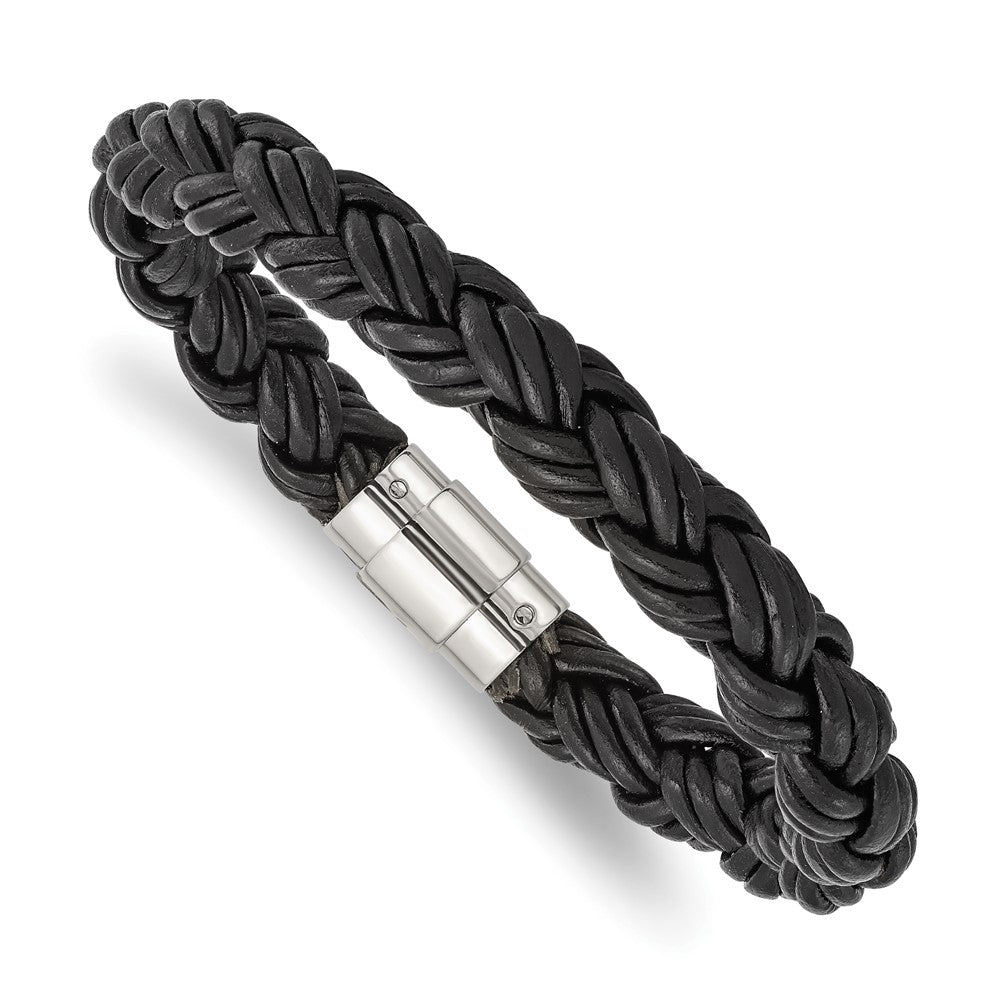 Chisel Stainless Steel Polished Twisted Black Braided Leather 8.5 inch Bracelet, 8.5 x 11 mm