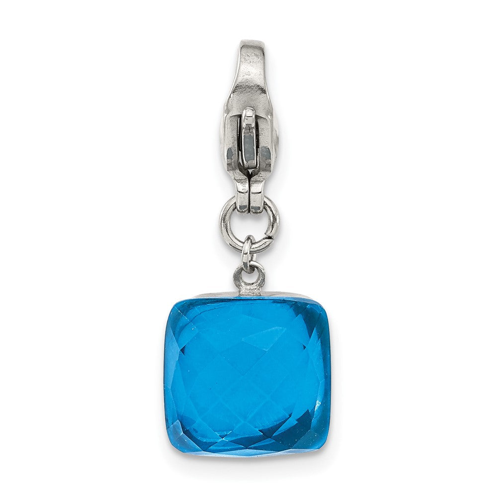 Stainless Steel Polished Blue Glass Square Lobster Clasp Charm, 27 x 10.85 mm