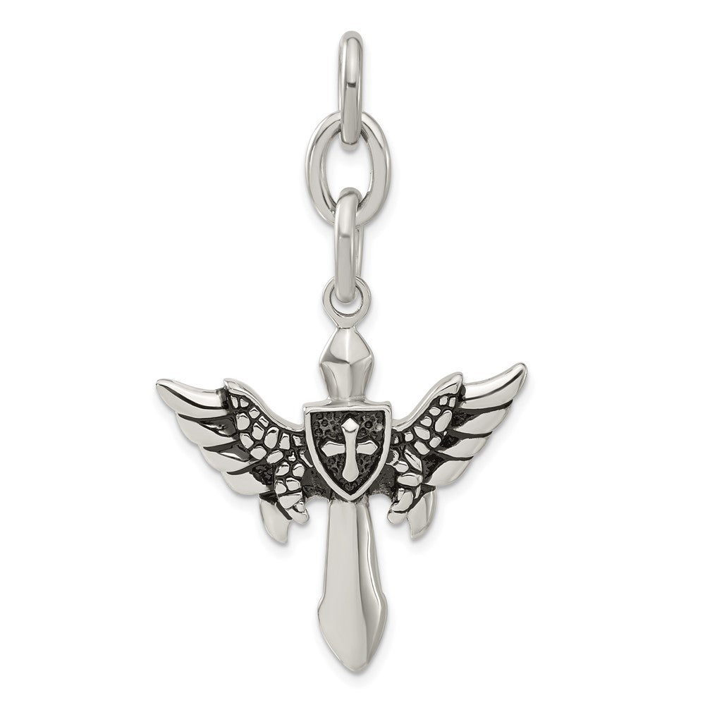 Stainless Steel Antiqued Wings w/ Cross Interchangeable Charm Pendant, 1.75 x 31.5 mm