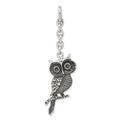 Stainless Steel Antiqued Owl w/ CZ Interchangeable Charm Pendant, 2.5 x 16.5 mm