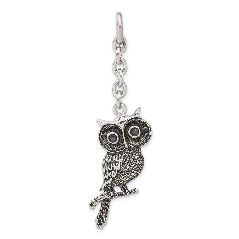 Stainless Steel Antiqued Owl w/ CZ Interchangeable Charm Pendant, 2.5 x 16.5 mm