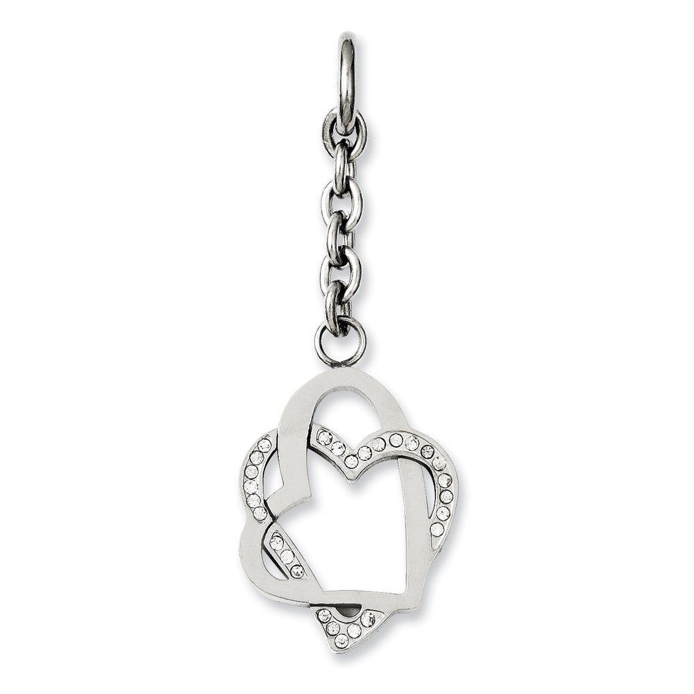 Stainless Steel Double Hearts w/CZ Interchangeable Charm Pendant, 2.5 x 20 mm