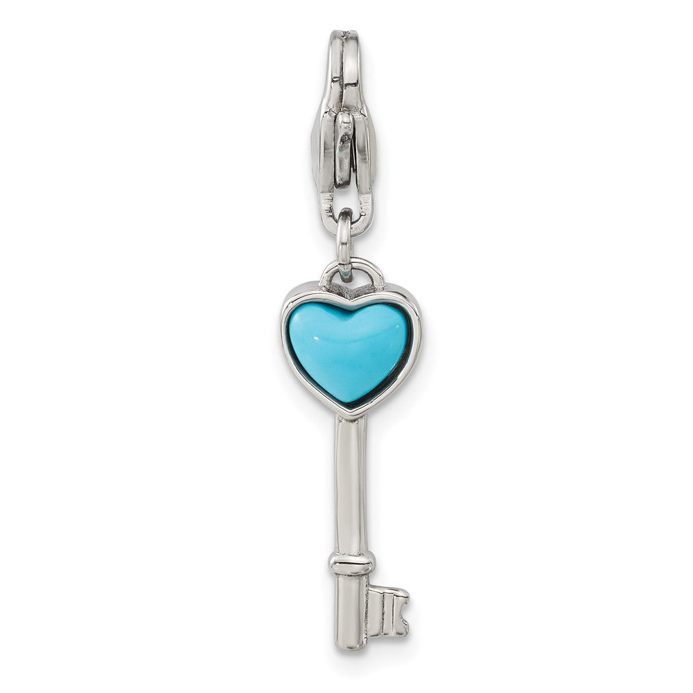Stainless Steel w/ Lobster Clasp Imitation Turquoise Heart Key Charm, 33.75 x 7.7 mm
