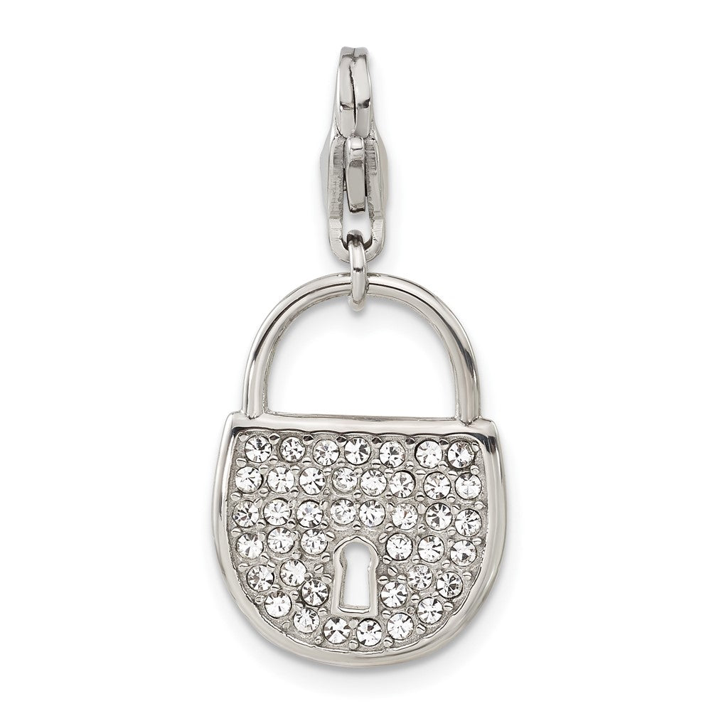 Stainless Steel with Lobster Clasp Polished Crystal Lock Charm, 31.25 x 15 mm
