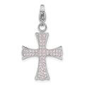 Stainless Steel Polished Pink CZ Cross with Lobster Clasp Charm, 32.5 x 17.85 mm