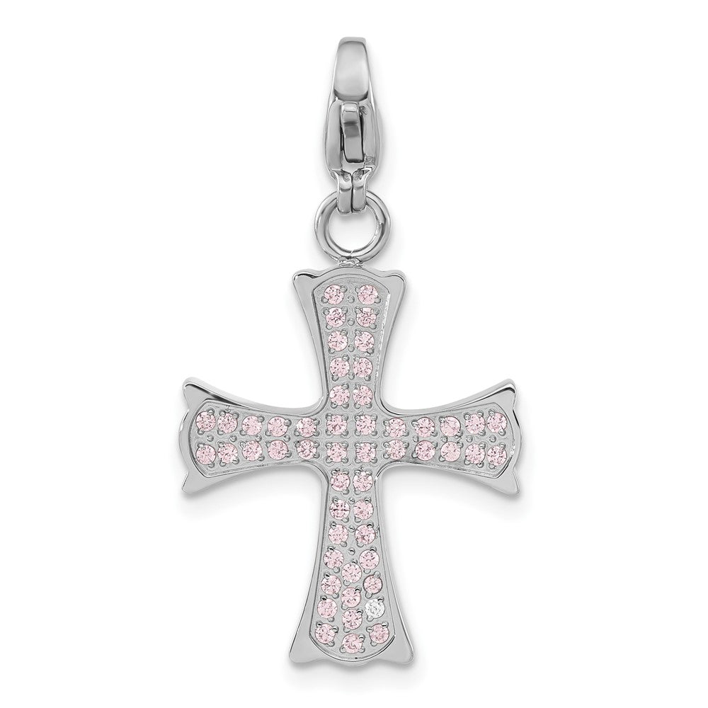 Stainless Steel Polished Pink CZ Cross with Lobster Clasp Charm, 32.5 x 17.85 mm