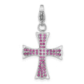 Stainless Steel Polished Dark Pink CZ Cross with Lobster Clasp Charm, 32.5 x 17.85 mm