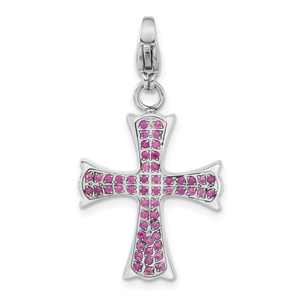 Stainless Steel Polished Dark Pink CZ Cross with Lobster Clasp Charm, 32.5 x 17.85 mm