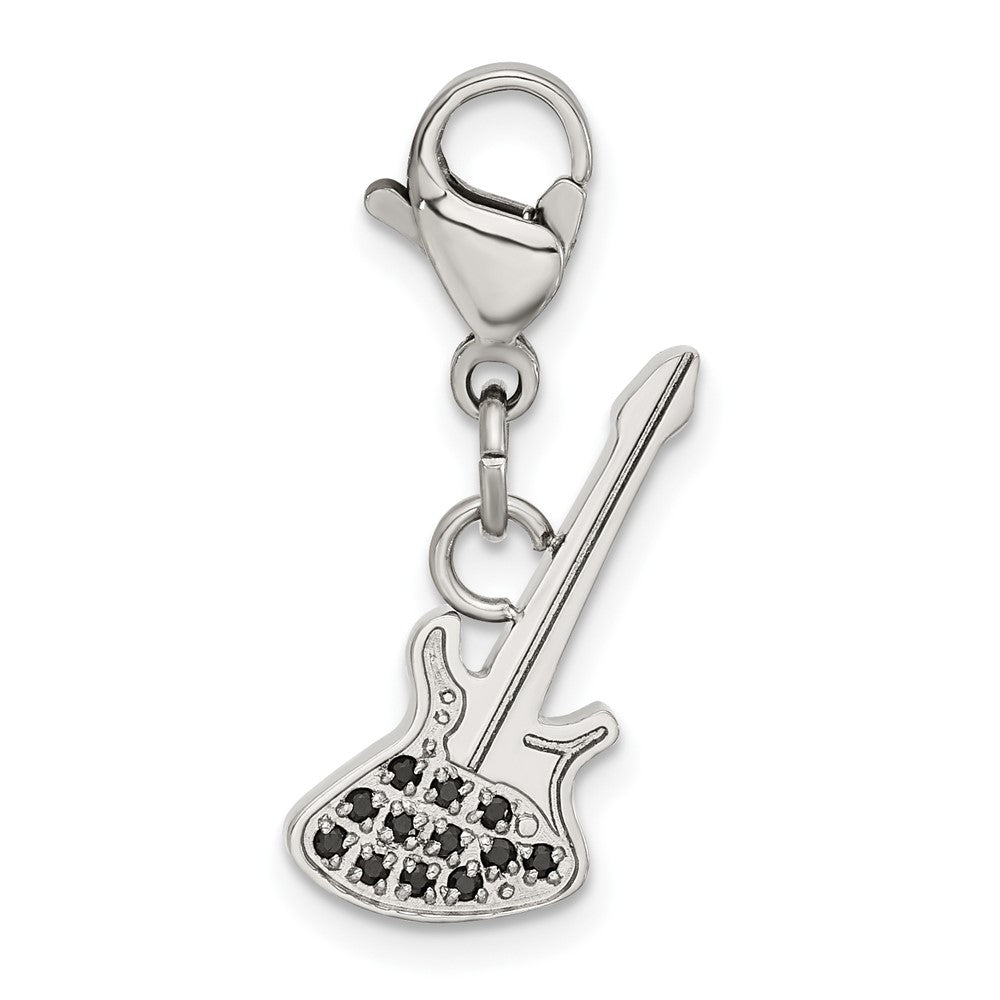 Stainless Steel Polished Black CZ Guitar with Lobster Clasp Charm, 26.5 x 20 mm