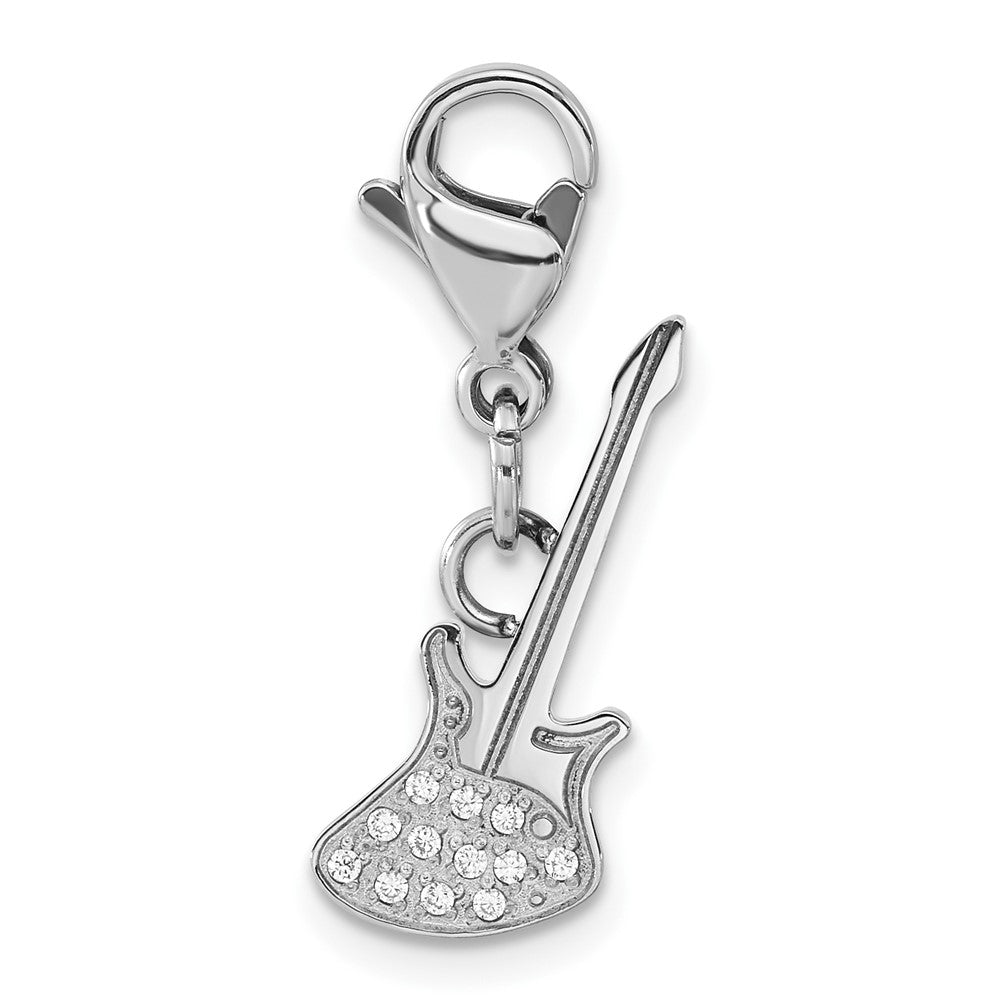 Stainless Steel Polished CZ Guitar with Lobster Clasp Charm, 25.8 x 8.7 mm