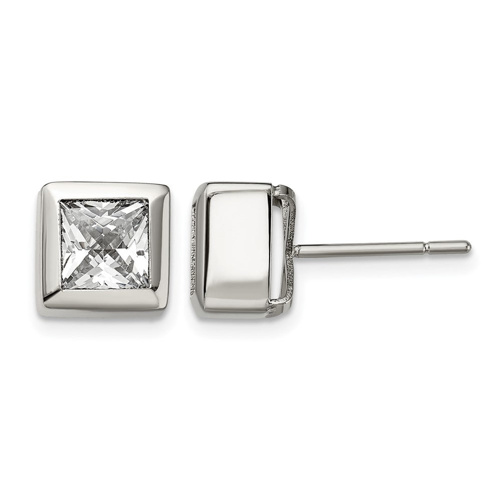Chisel Stainless Steel Polished Square CZ Post Earrings, 8.5 mm