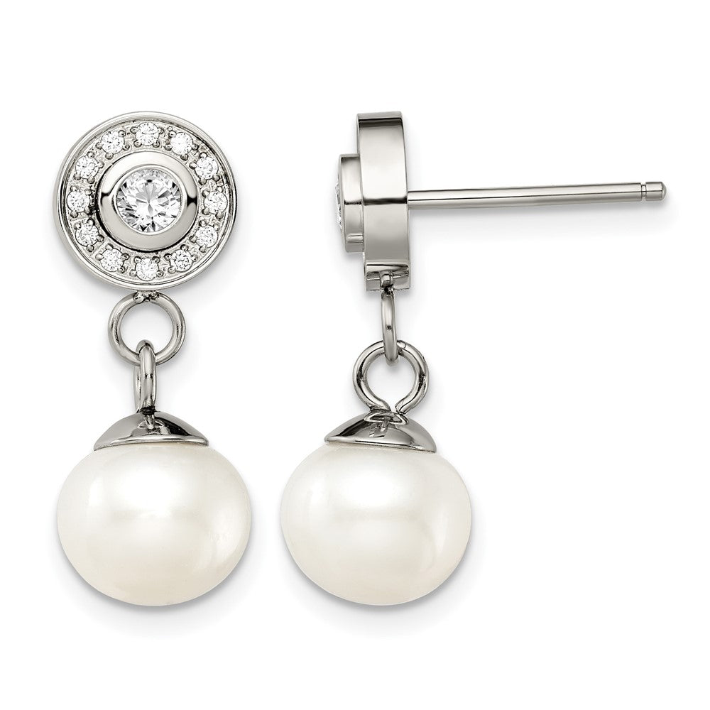 Chisel Stainless Steel Polished CZ and Freshwater Cultured Pearl Post Dangle Earrings, 9 mm