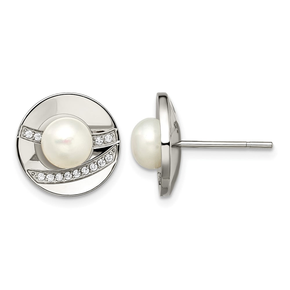 Chisel Stainless Steel Polished CZ and Freshwater Cultured Pearl Post Earrings, 13.5 mm