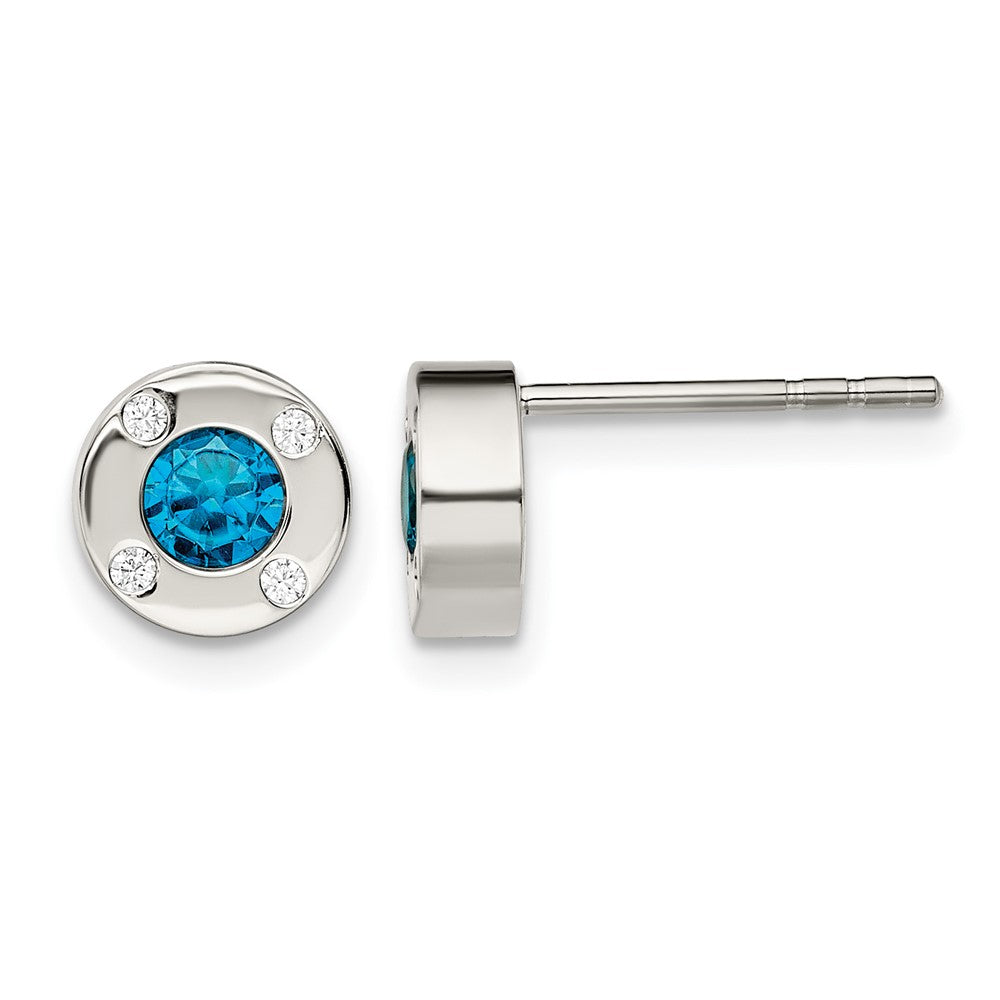 Chisel Stainless Steel Polished Blue and Clear CZ Post Earrings, 7 mm