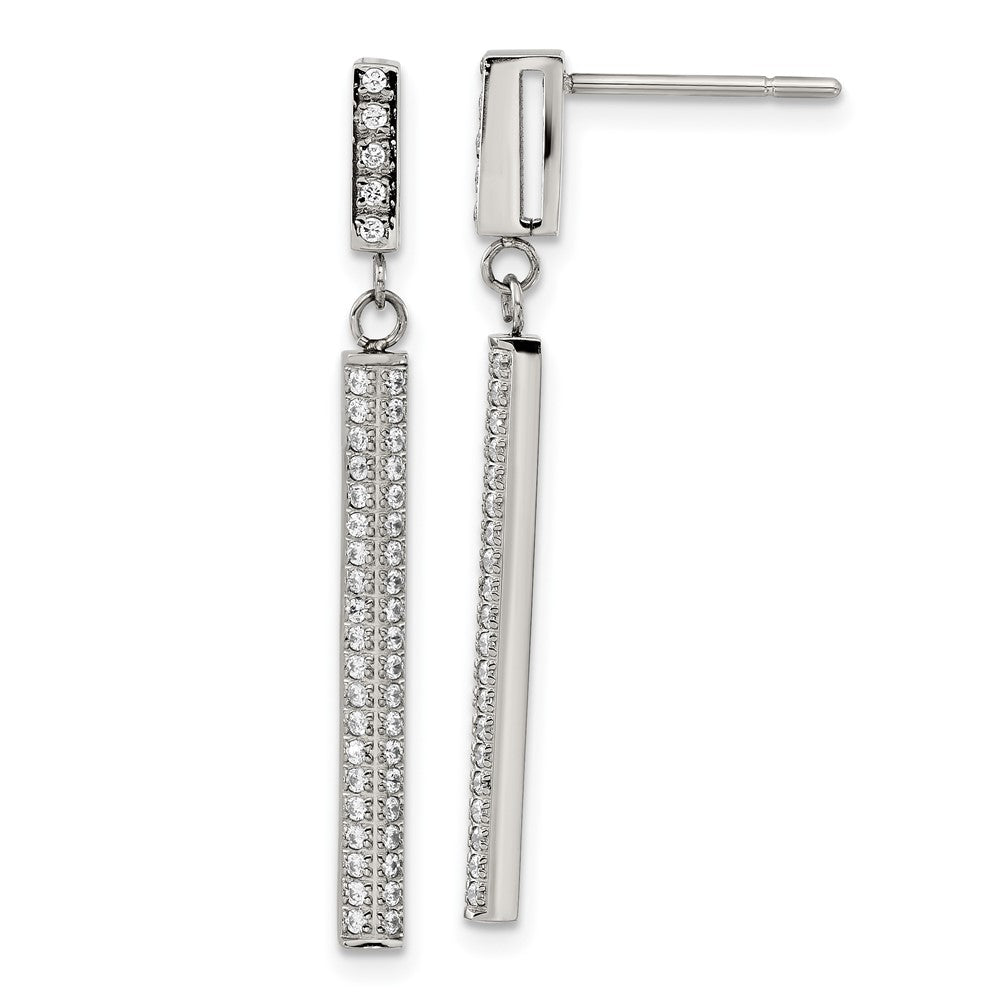 Stainless Steel Polished CZ Bar Post Dangle Earrings, 36.75 x 2.8 mm