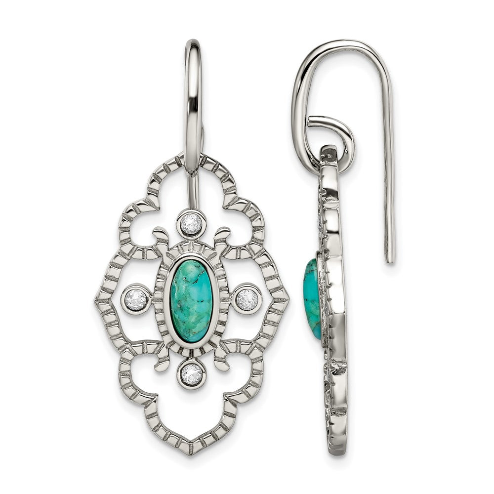 Chisel Stainless Steel Polished Imitation Turquoise and CZ Dangle Shepherd Hook Earrings, 20 mm