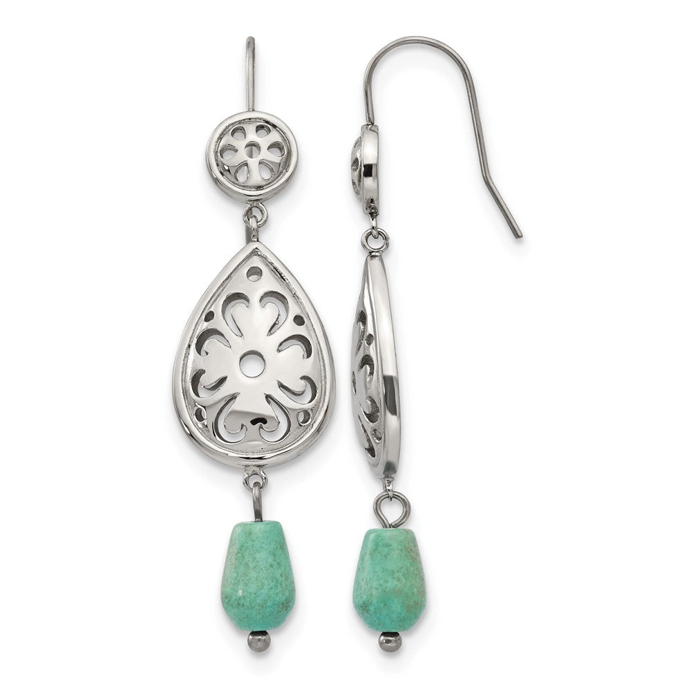 Chisel Stainless Steel Polished Imitation Turquoise Dangle Shepherd Hook Earrings, 14 mm