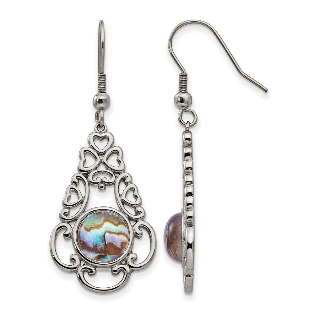 Chisel Stainless Steel Polished Filigree Imitation Abalone and Glass Dangle Shepherd Hook Earrings, 19.5 mm