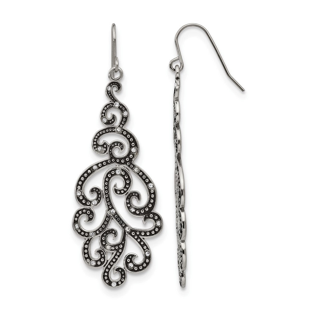 Chisel Stainless Steel Antiqued and Polished with Crystal Shepherd Hook Earrings, 20 mm