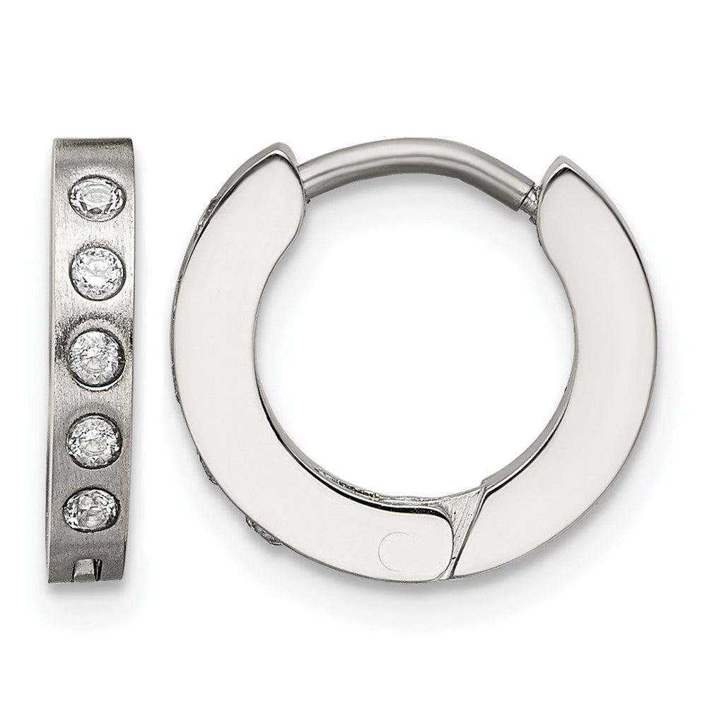 Chisel Stainless Steel Brushed and Polished with CZ 2mm Hinged Hoop Earrings, 13 x 15 mm