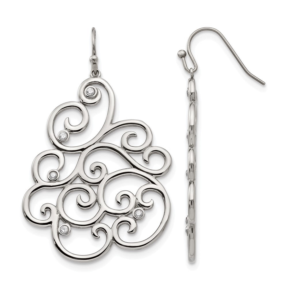 Chisel Stainless Steel Polished Filigree CZ Dangle Shepherd Hook Earrings, 37 mm