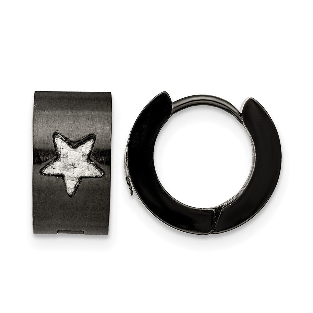 Chisel Stainless Steel Brushed Black IP-plated with Grey Carbon Fiber Star Hinged Hoop Earrings, 13 x 14 mm