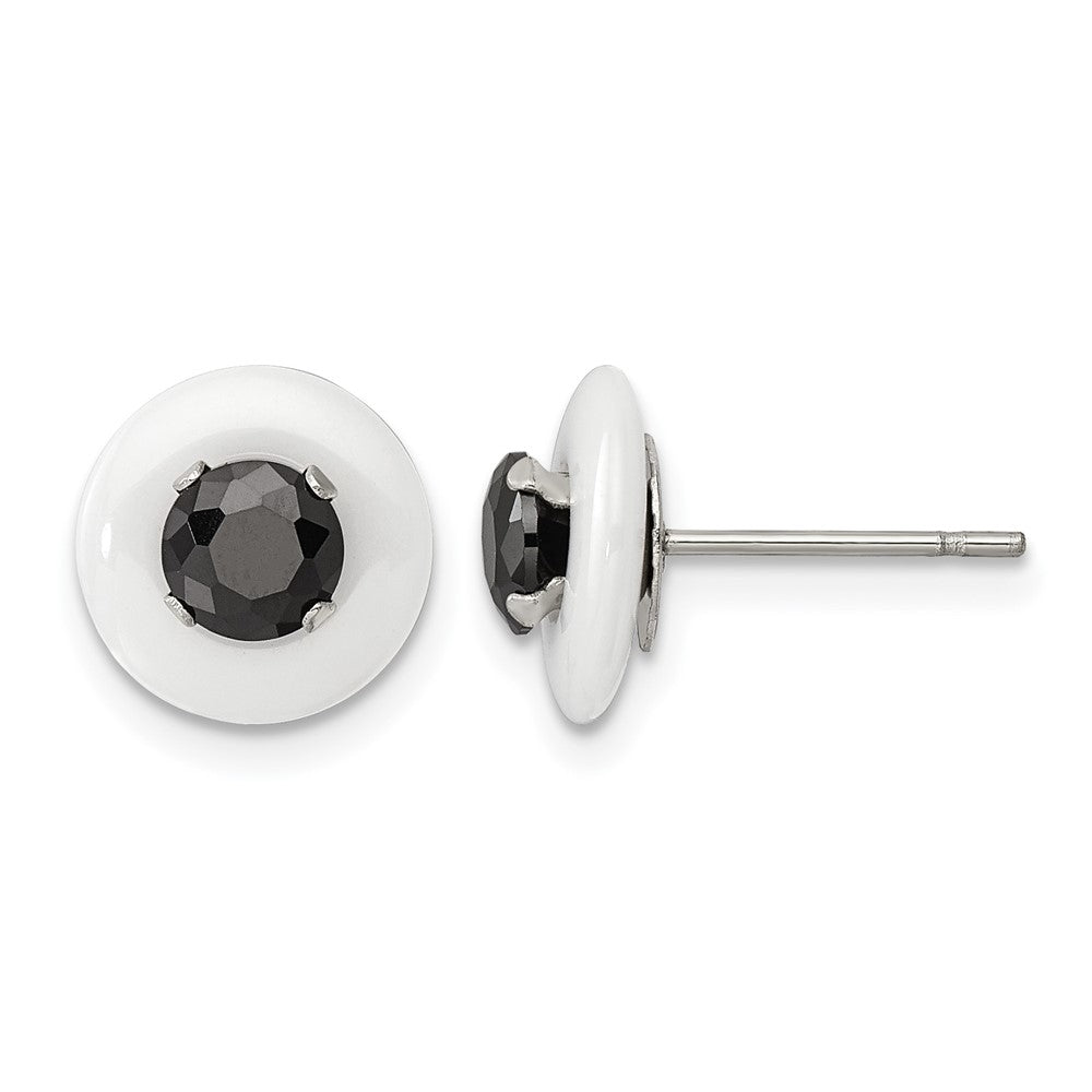 Chisel Stainless Steel Polished White Ceramic with Black CZ Post Earrings, 9.75 x 9.75 mm
