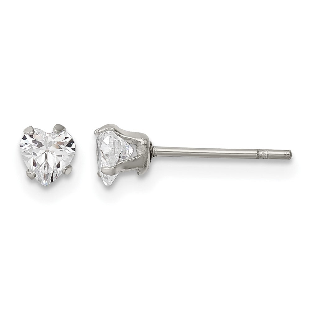 Chisel Stainless Steel Polished 4mm Heart CZ Stud Post Earrings, 4 x 3.98 mm